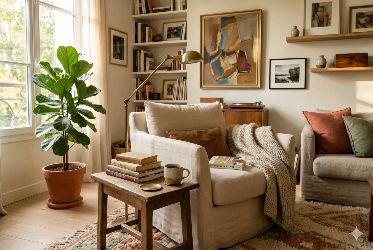 lifestyle · coin lecture avec fauteuil, lampe articulée, pile de livres, plaid