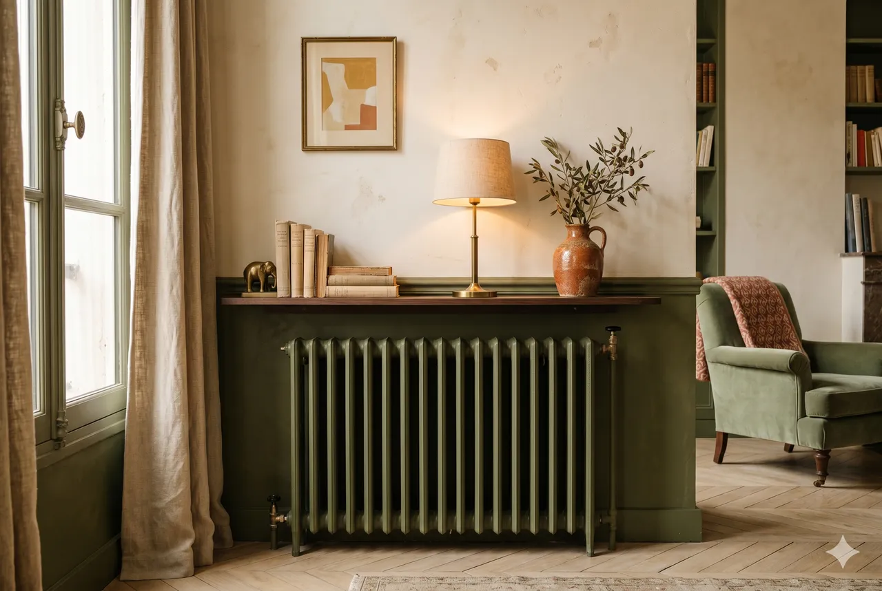 avant-apres · radiateur blanc moche à gauche, peint en vert profond et fondu à droite