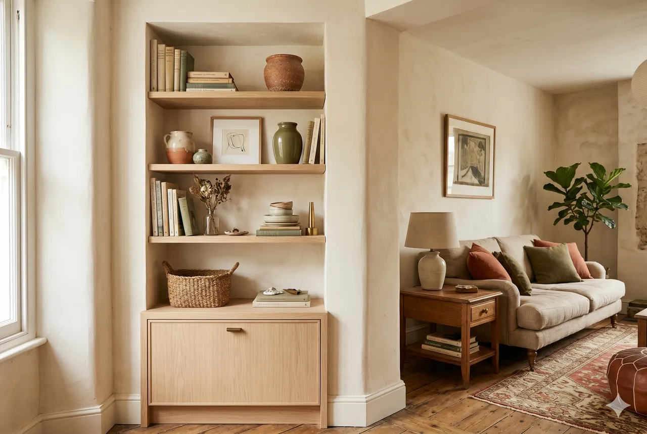lifestyle · pièce avec décrochement traité en niche de rangement assumée