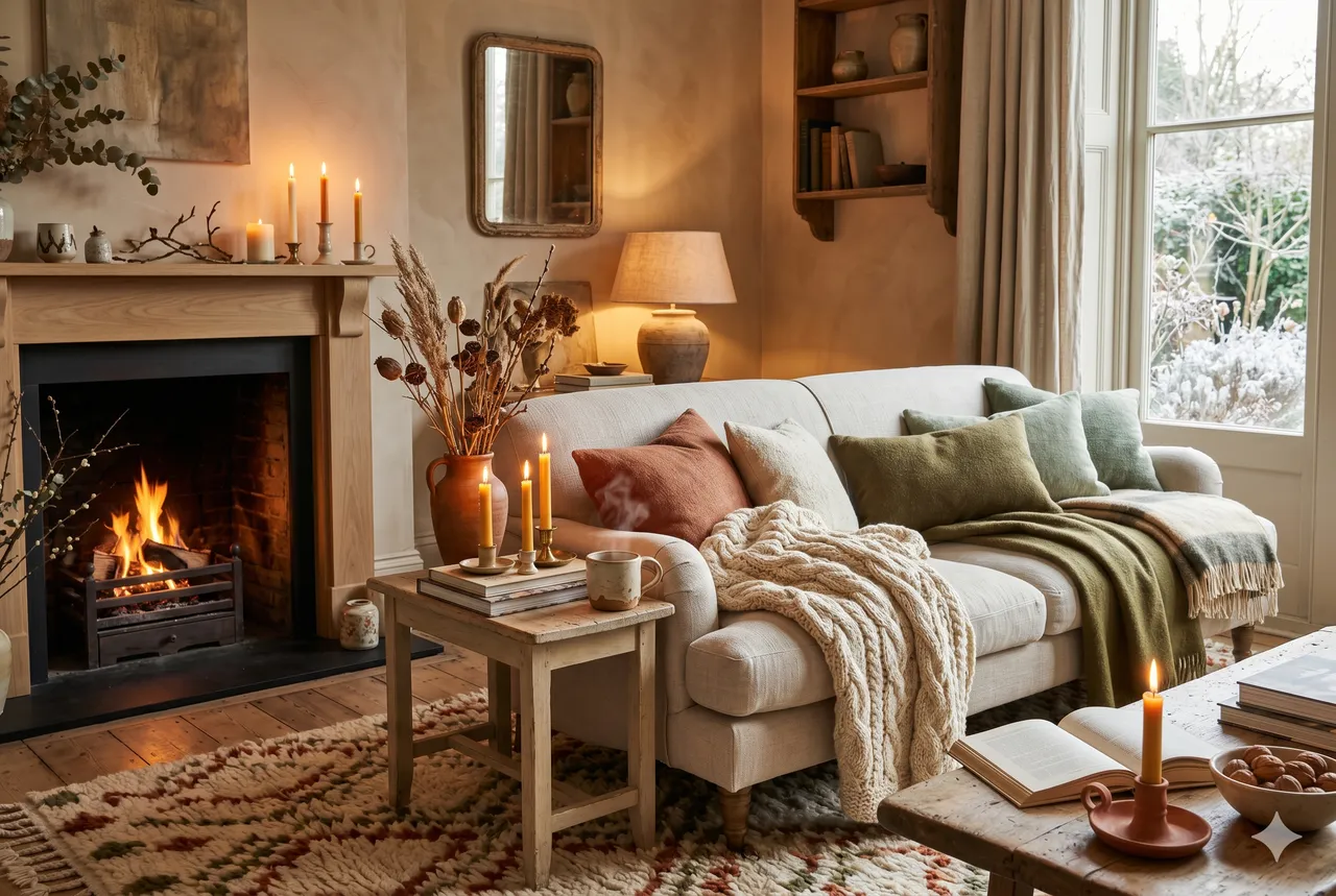 lifestyle · salon en hiver, plaids, bougies, lumière chaude tamisée