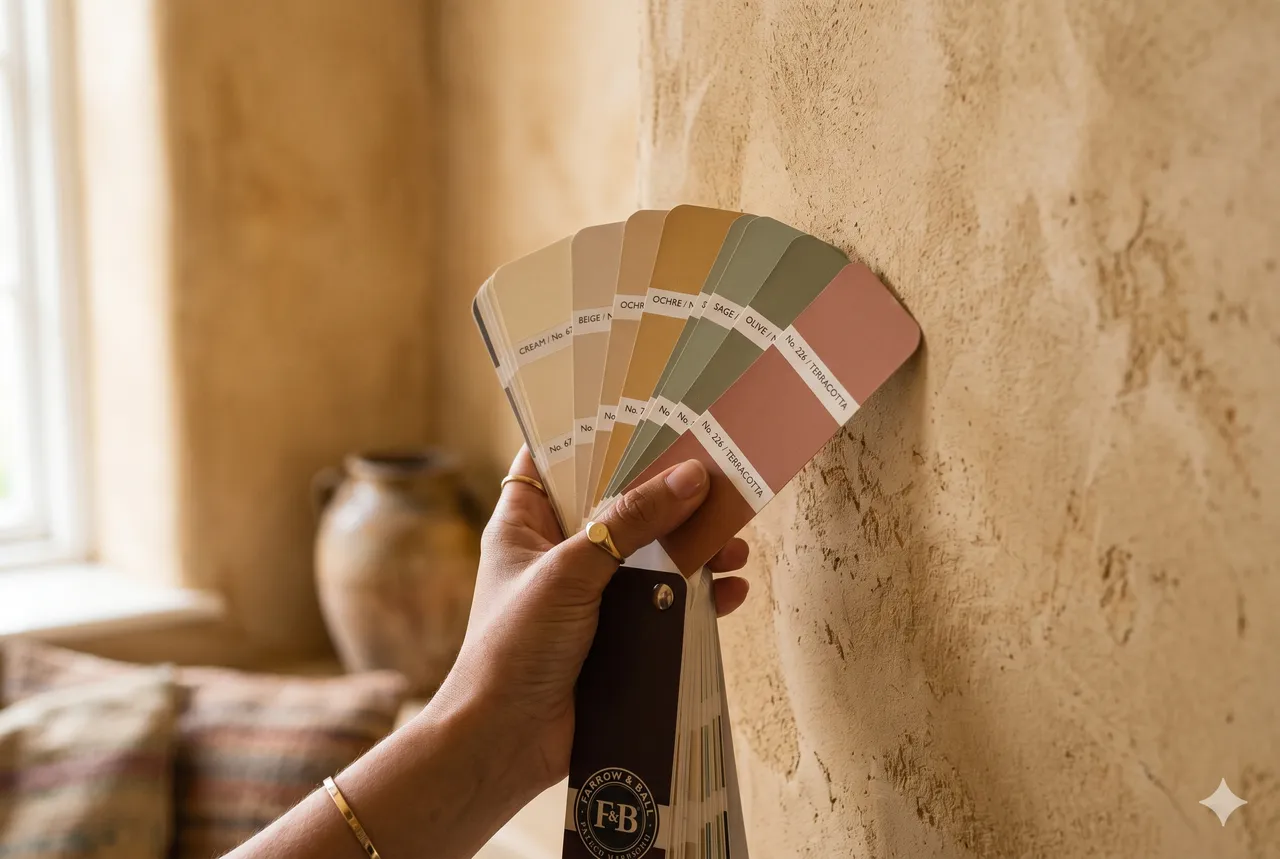 lifestyle · main qui tient un nuancier de peinture devant un mur, étude de couleurs