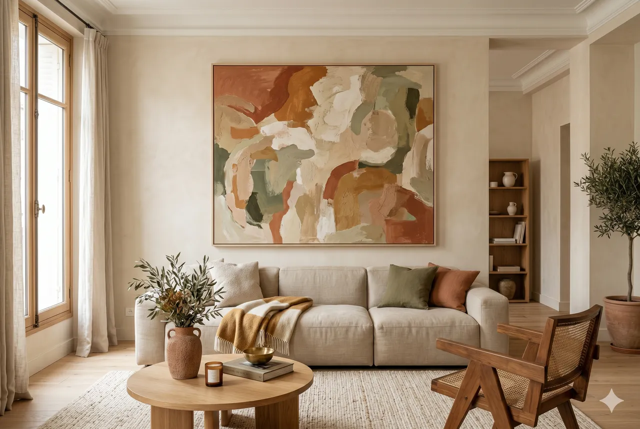 lifestyle · grande œuvre unique au-dessus du canapé, salon sobre
